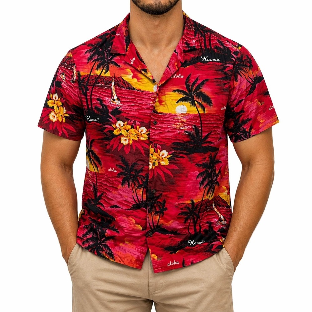 Royal Creations Hawaiian Aloha Shirt XL Sunset Palm Trees Tropical Flowers Red